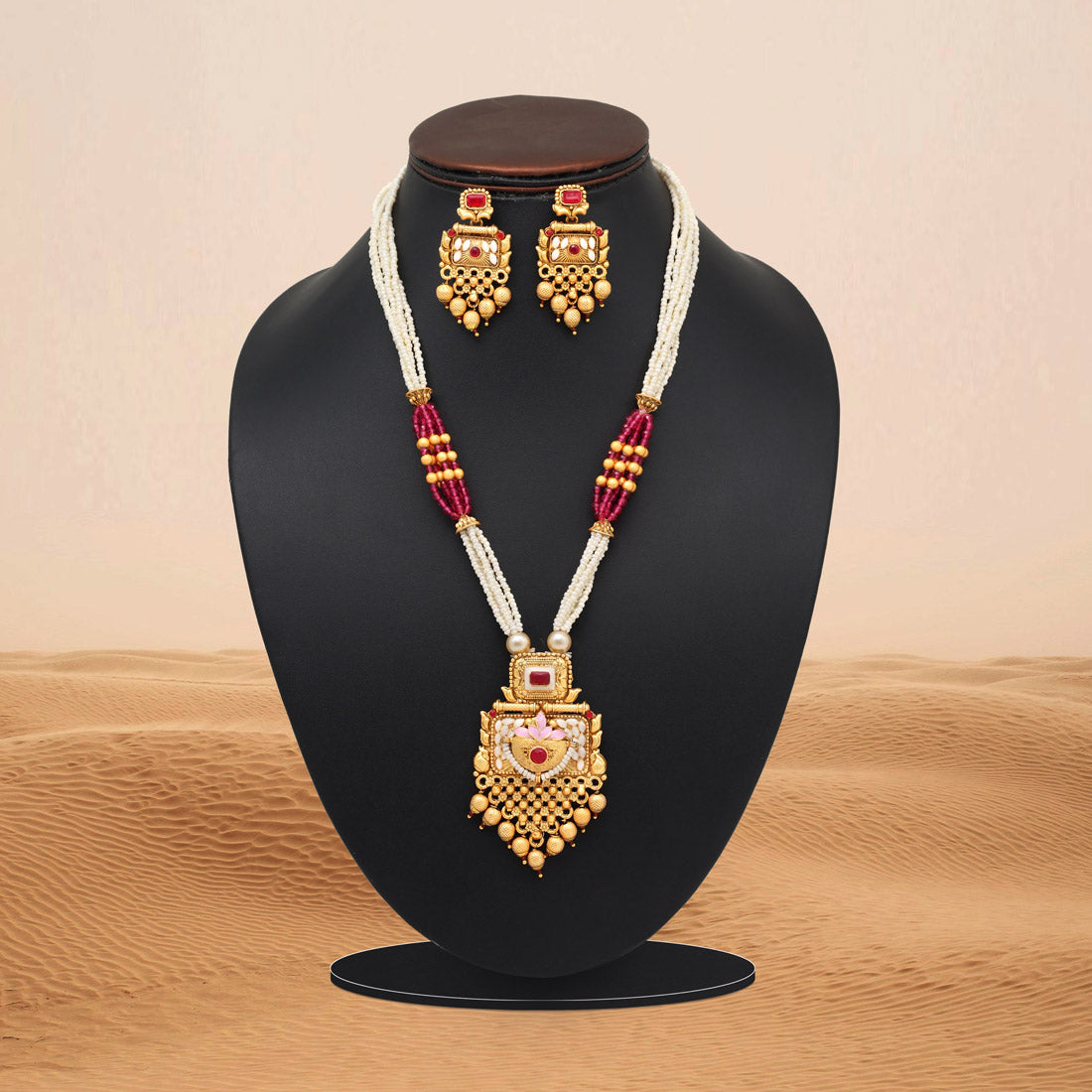 Rani Color Meena Work Matte Gold Rajwadi Temple Necklace Set (TPLN692RNI)