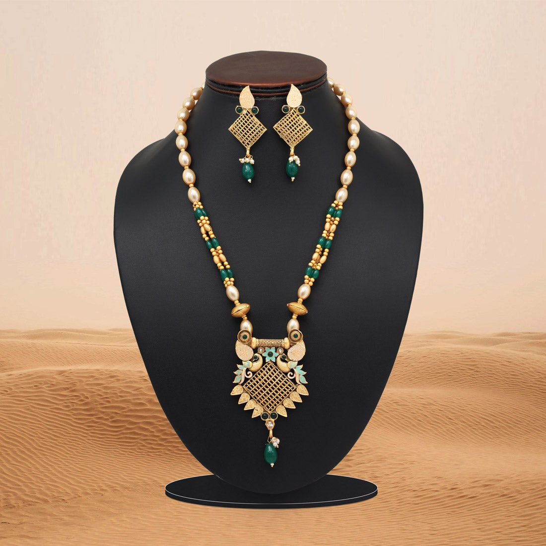 Green Color Meena Work Matte Gold Rajwadi Temple Necklace Set (TPLN693GRN) Jewellery GetGlit