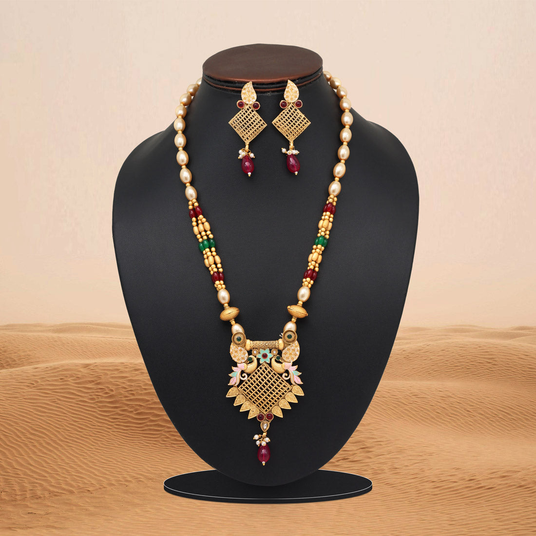 Rani & Green Color Meena Work Matte Gold Rajwadi Temple Necklace Set (TPLN693RNIGRN)