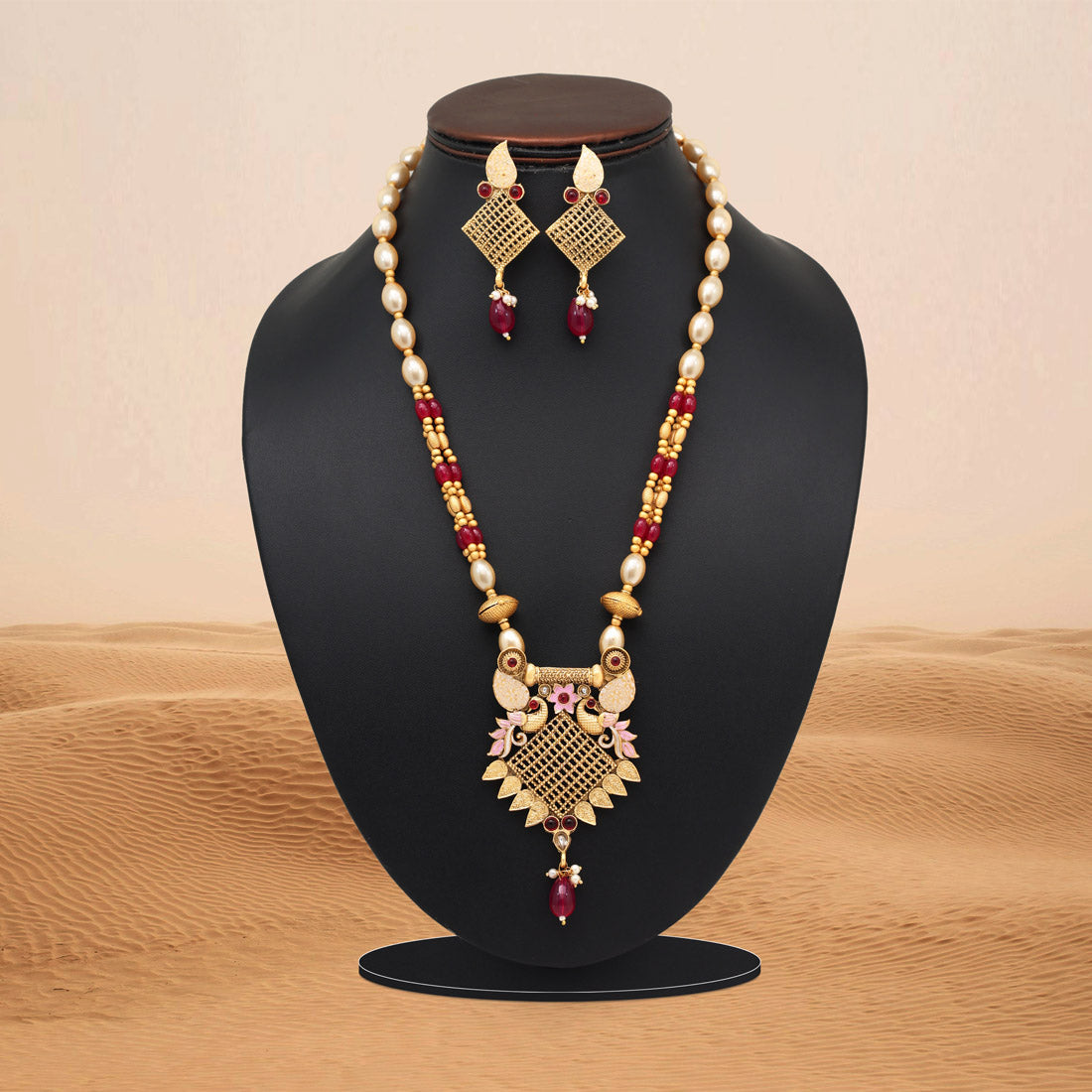 Rani Color Meena Work Matte Gold Rajwadi Temple Necklace Set (TPLN693RNI) Jewellery GetGlit