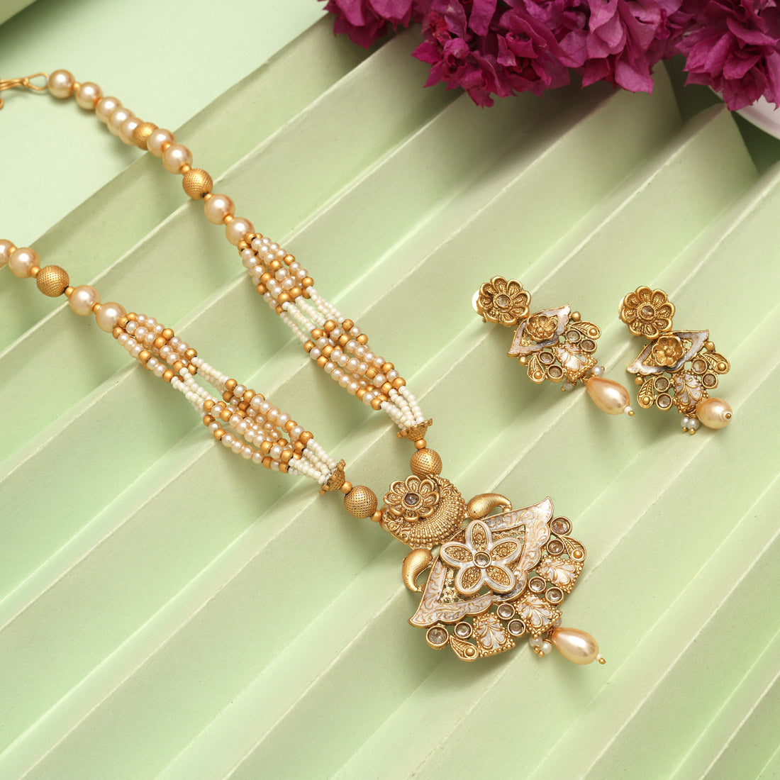 Gold Color Meena Work Matte Gold Rajwadi Temple Necklace Set (TPLN694GLD) Jewellery GetGlit