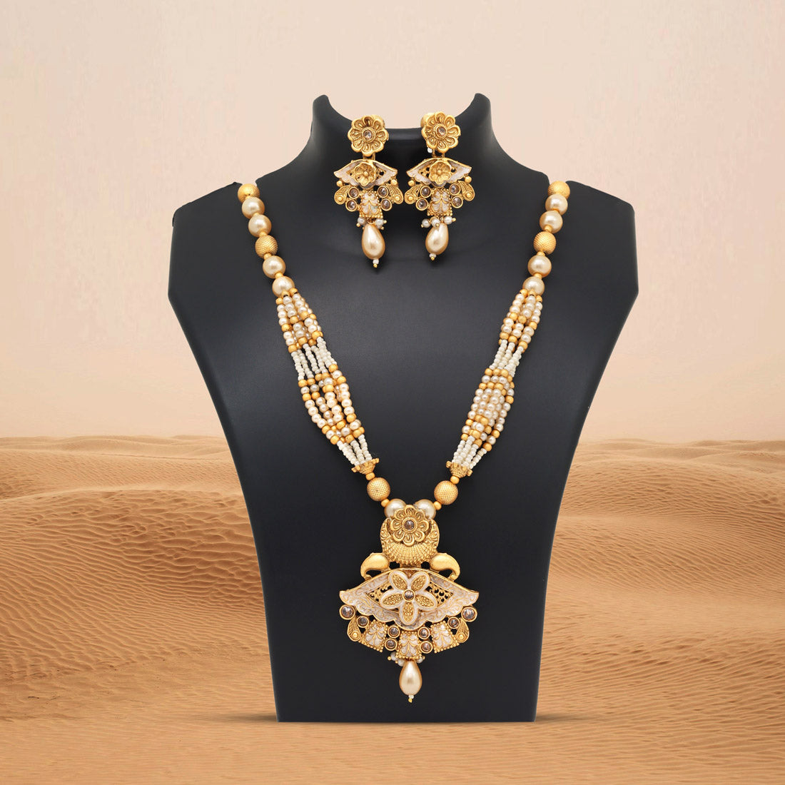 Gold Color Meena Work Matte Gold Rajwadi Temple Necklace Set (TPLN694GLD) Jewellery GetGlit