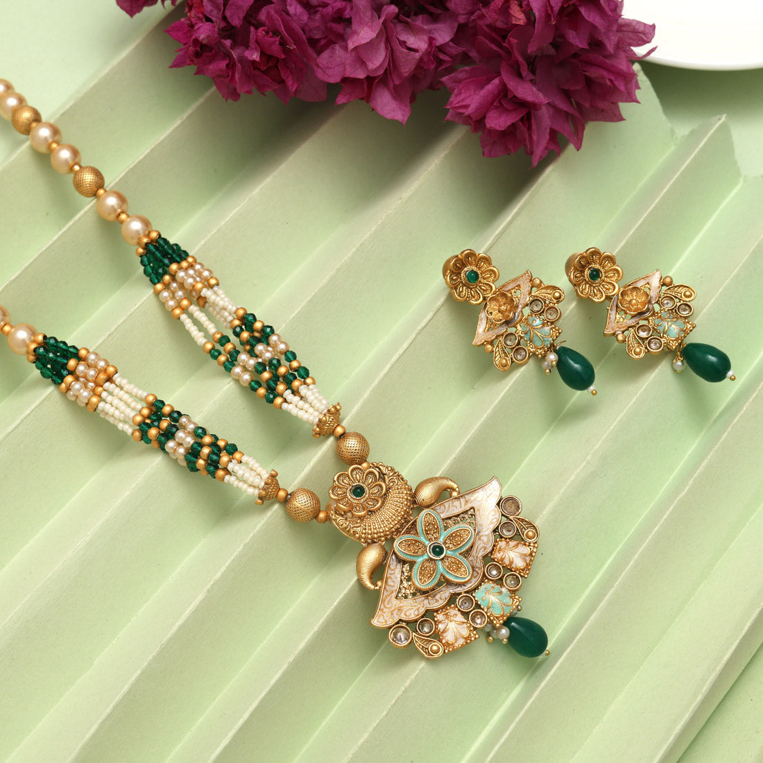 Green Color Meena Work Matte Gold Rajwadi Temple Necklace Set (TPLN694GRN) Jewellery GetGlit