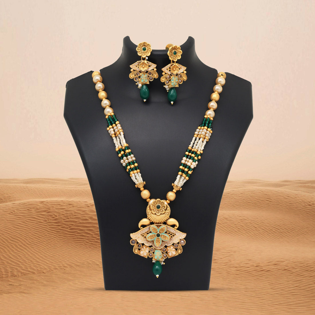 Green Color Meena Work Matte Gold Rajwadi Temple Necklace Set (TPLN694GRN) Jewellery GetGlit