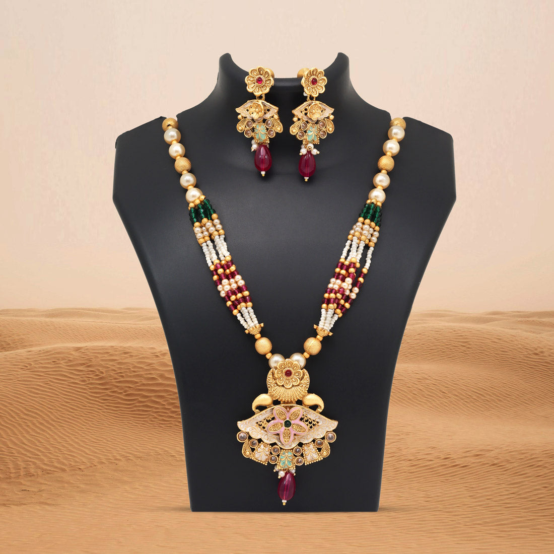 Rani & Green Color Meena Work Matte Gold Rajwadi Temple Necklace Set (TPLN694RNIGRN) Jewellery GetGlit