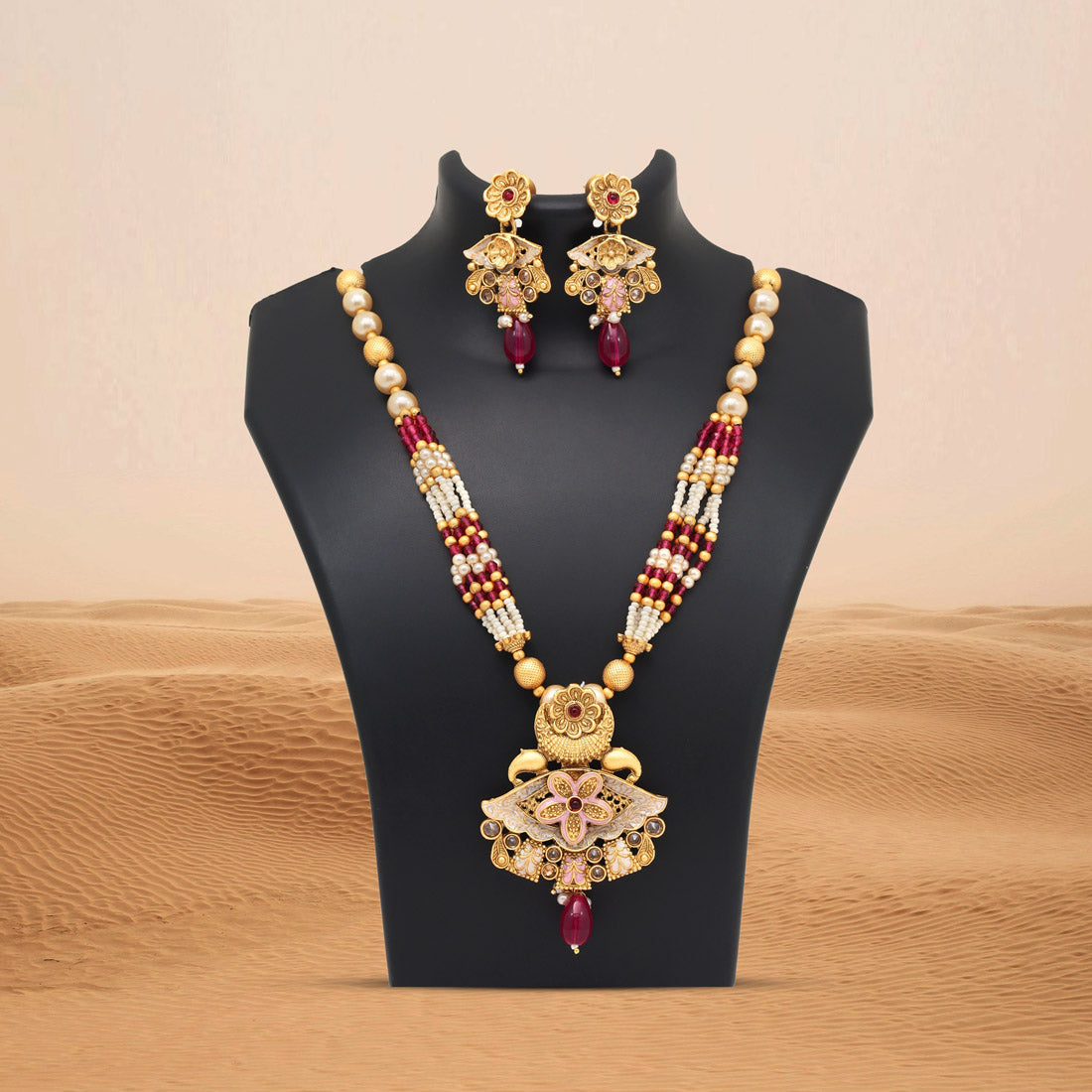 Rani Color Meena Work Matte Gold Rajwadi Temple Necklace Set (TPLN694RNI) Jewellery GetGlit