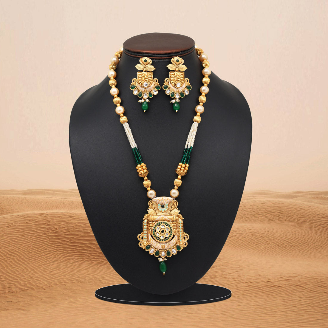 Green Color Meena Work Matte Gold Rajwadi Temple Necklace Set (TPLN695GRN) Jewellery GetGlit