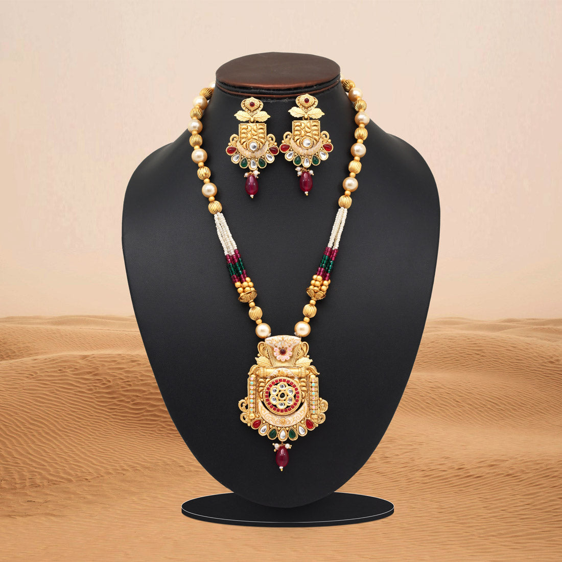 Rani & Green Color Meena Work Matte Gold Rajwadi Temple Necklace Set (TPLN695RNIGRN) Jewellery GetGlit