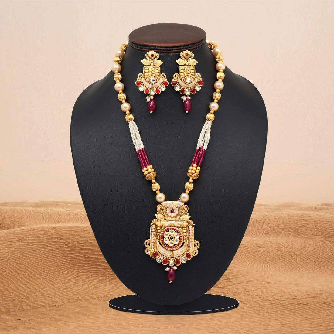 Rani Color Meena Work Matte Gold Rajwadi Temple Necklace Set (TPLN695RNI)