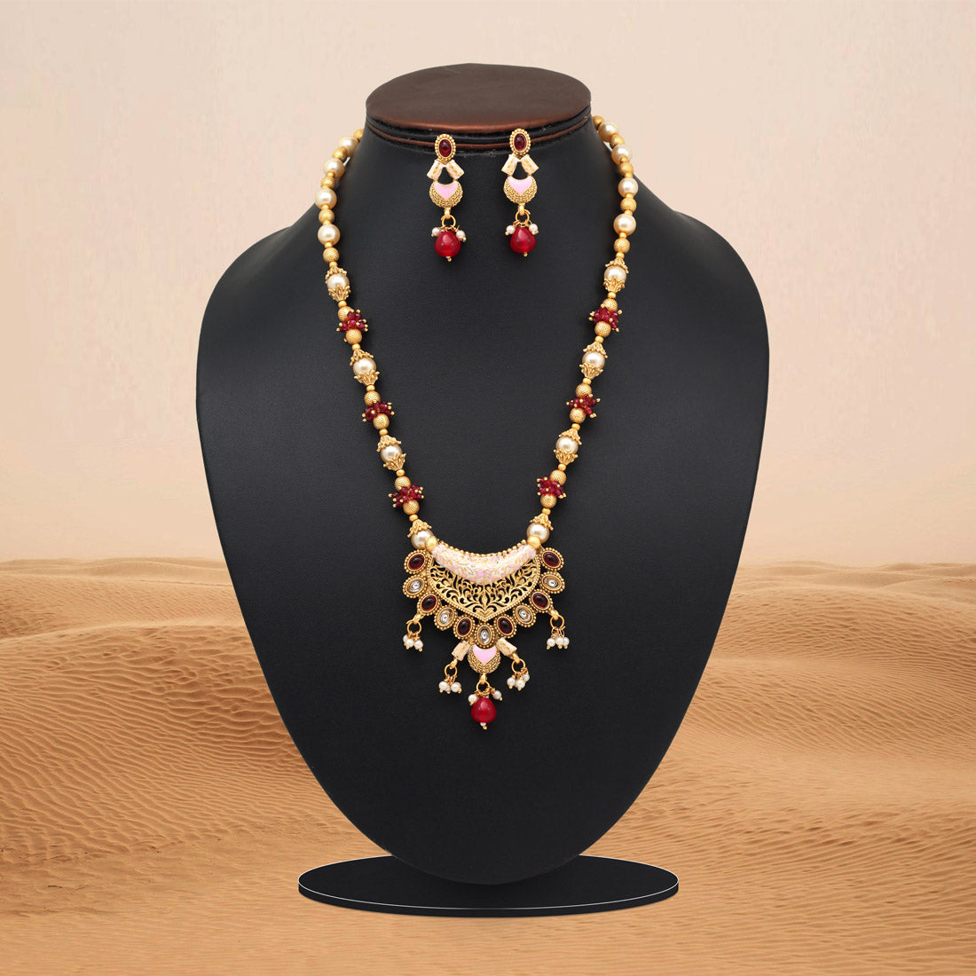 Rani Color Meena Work Matte Gold Rajwadi Temple Necklace Set (TPLN696RNI)