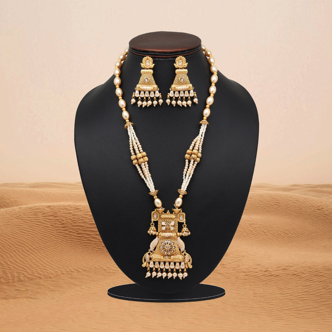 Gold Color Meena Work Matte Gold Rajwadi Temple Necklace Set (TPLN697GLD)