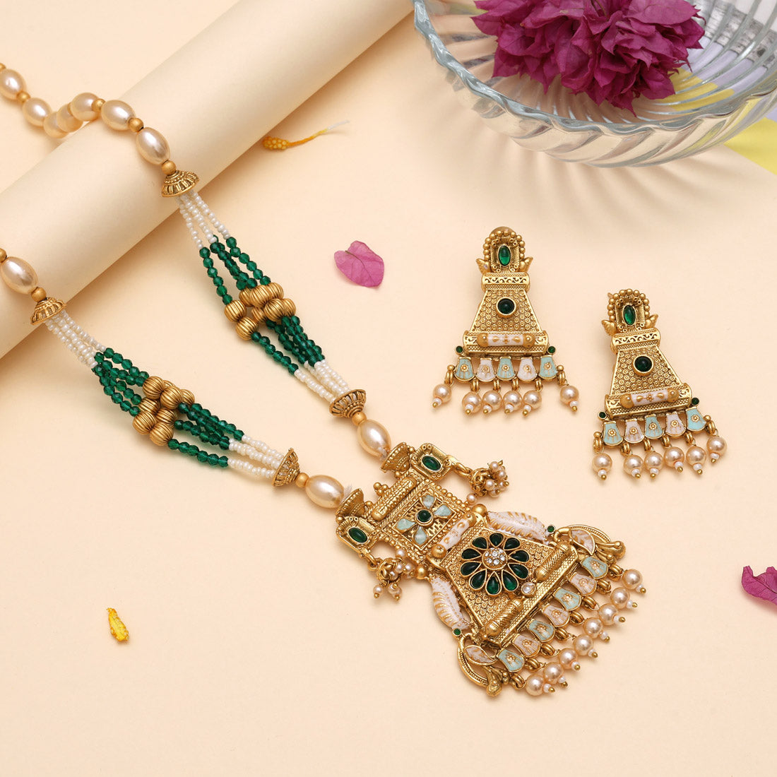 Green Color Meena Work Matte Gold Rajwadi Temple Necklace Set (TPLN697GRN) Jewellery GetGlit