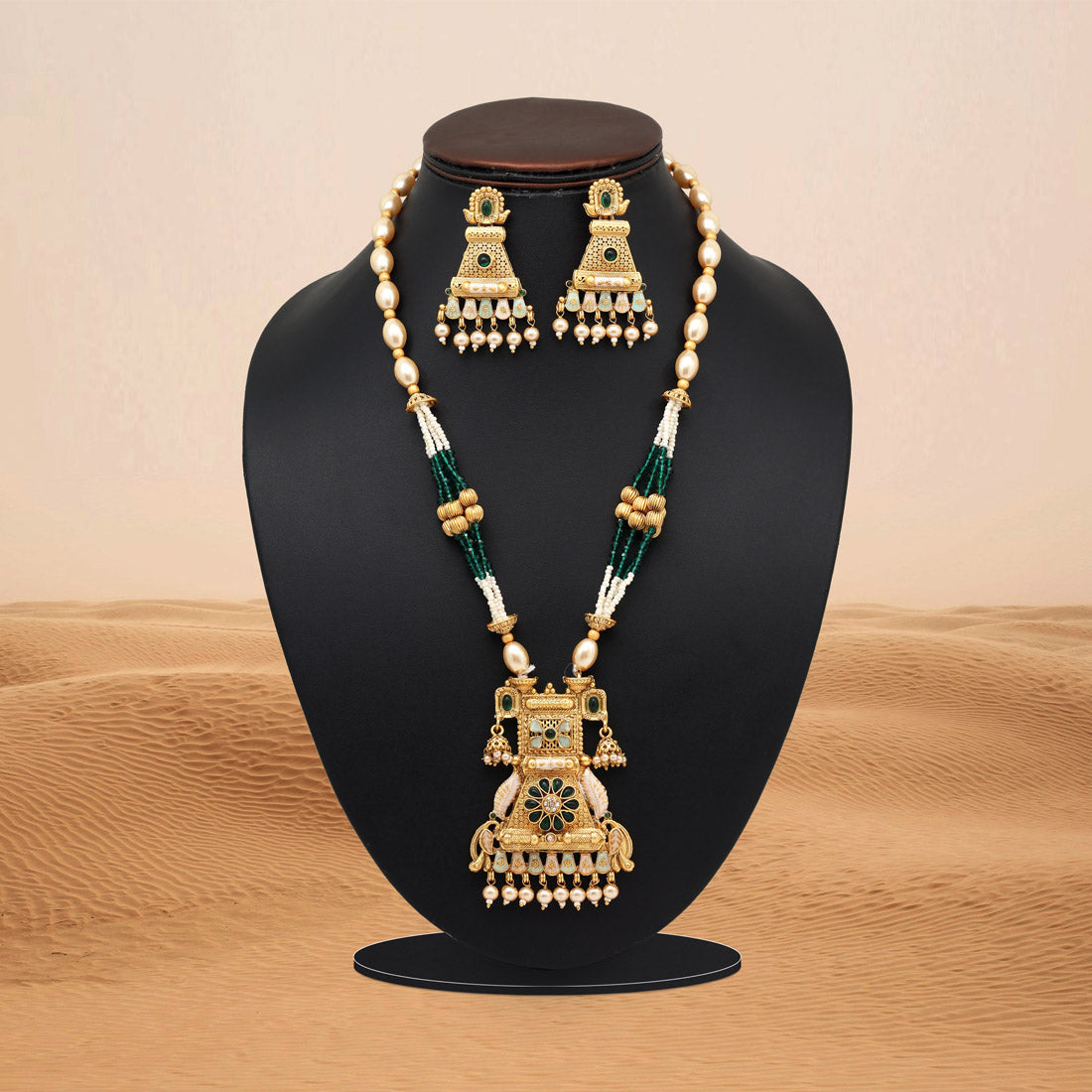 Green Color Meena Work Matte Gold Rajwadi Temple Necklace Set (TPLN697GRN)