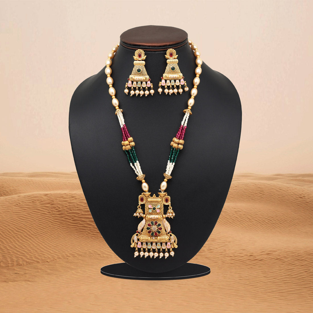 Rani & Green Color Meena Work Matte Gold Rajwadi Temple Necklace Set (TPLN697RNIGRN) Jewellery GetGlit