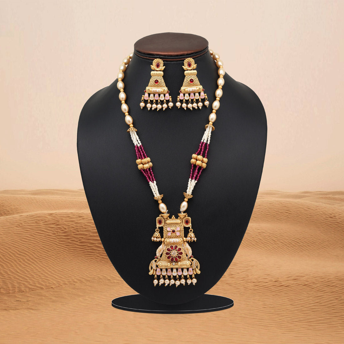 Rani Color Meena Work Matte Gold Rajwadi Temple Necklace Set (TPLN697RNI)