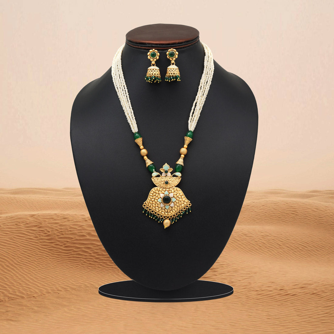 Green Color Meena Work Matte Gold Rajwadi Temple Necklace Set (TPLN698GRN)