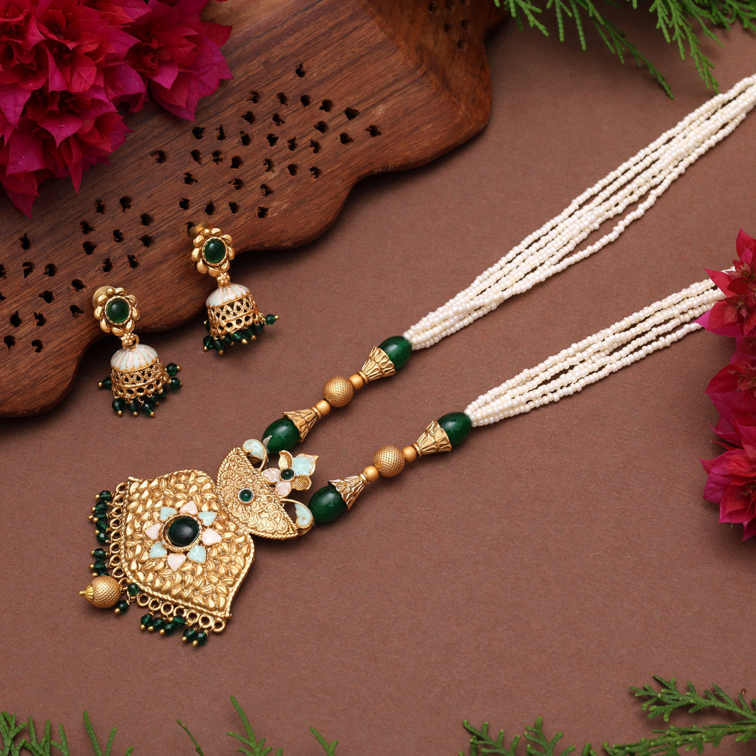 Green Color Meena Work Matte Gold Rajwadi Temple Necklace Set (TPLN698GRN) Jewellery GetGlit