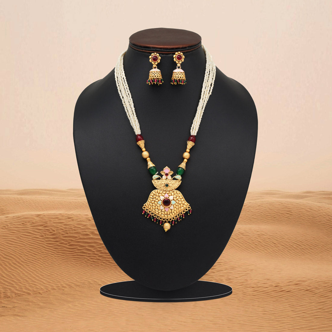 Maroon & Green Color Meena Work Matte Gold Rajwadi Temple Necklace Set