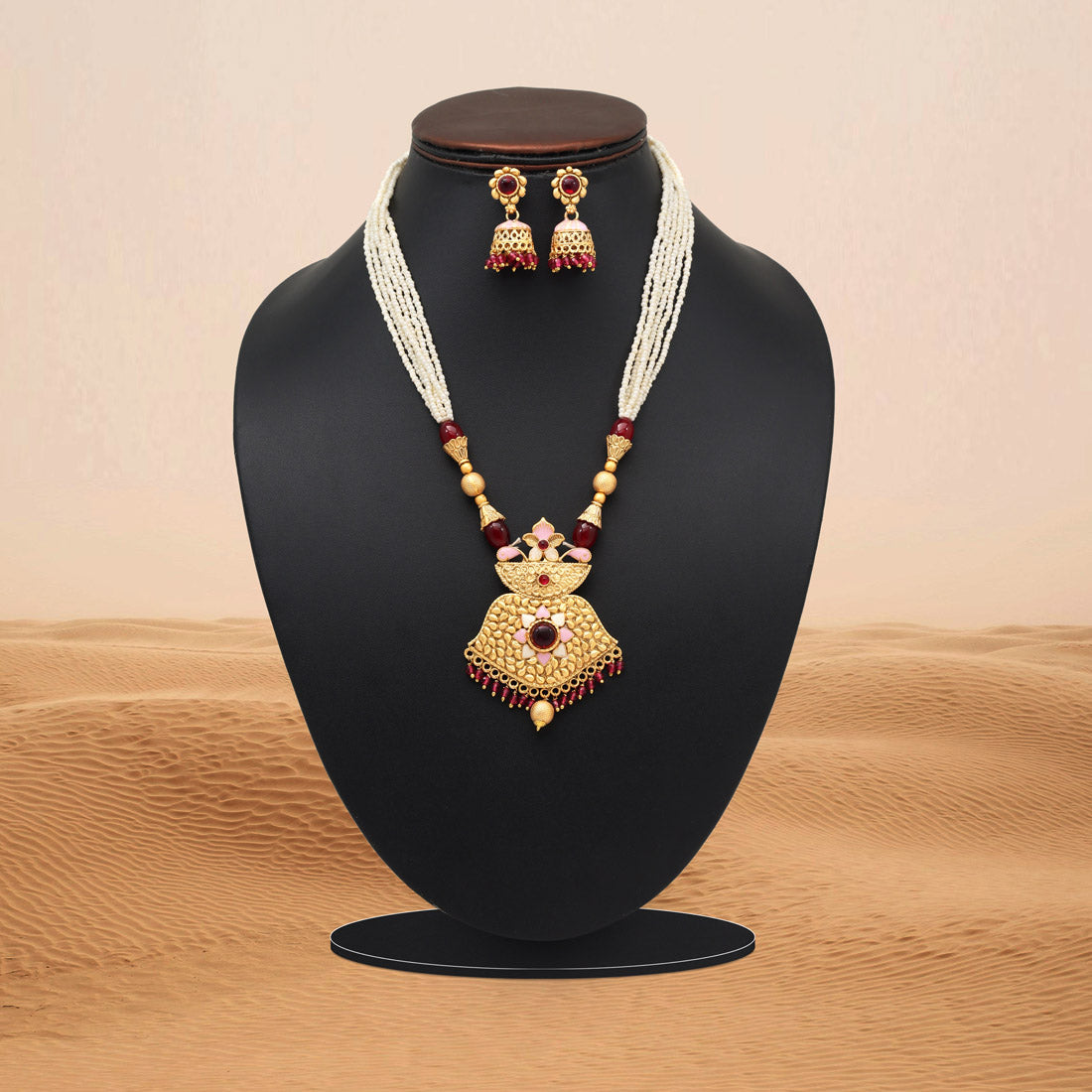 Maroon Color Meena Work Matte Gold Rajwadi Temple Necklace Set Jewellery GetGlit