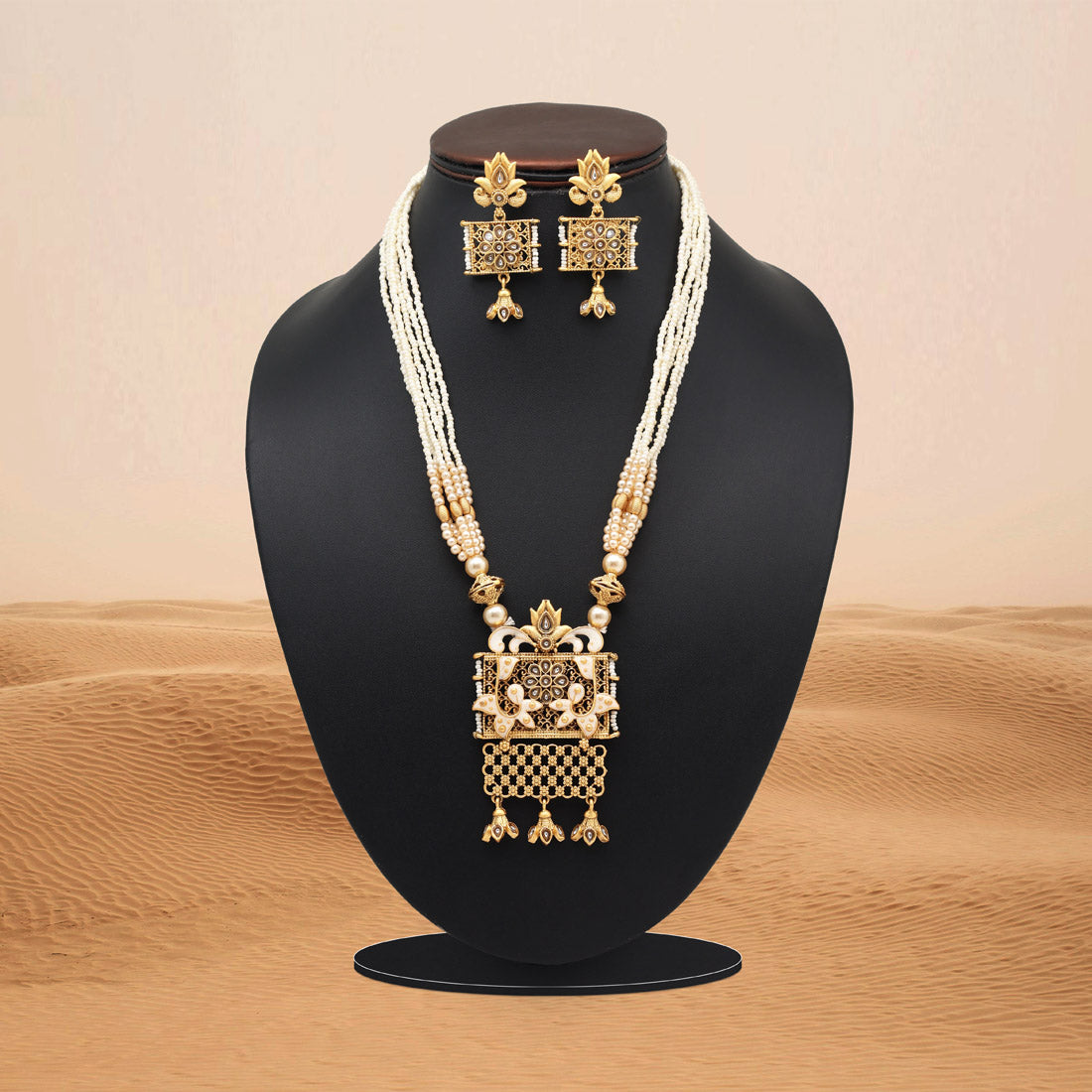 Gold Color Meena Work Matte Gold Rajwadi Temple Necklace Set (TPLN699GLD)