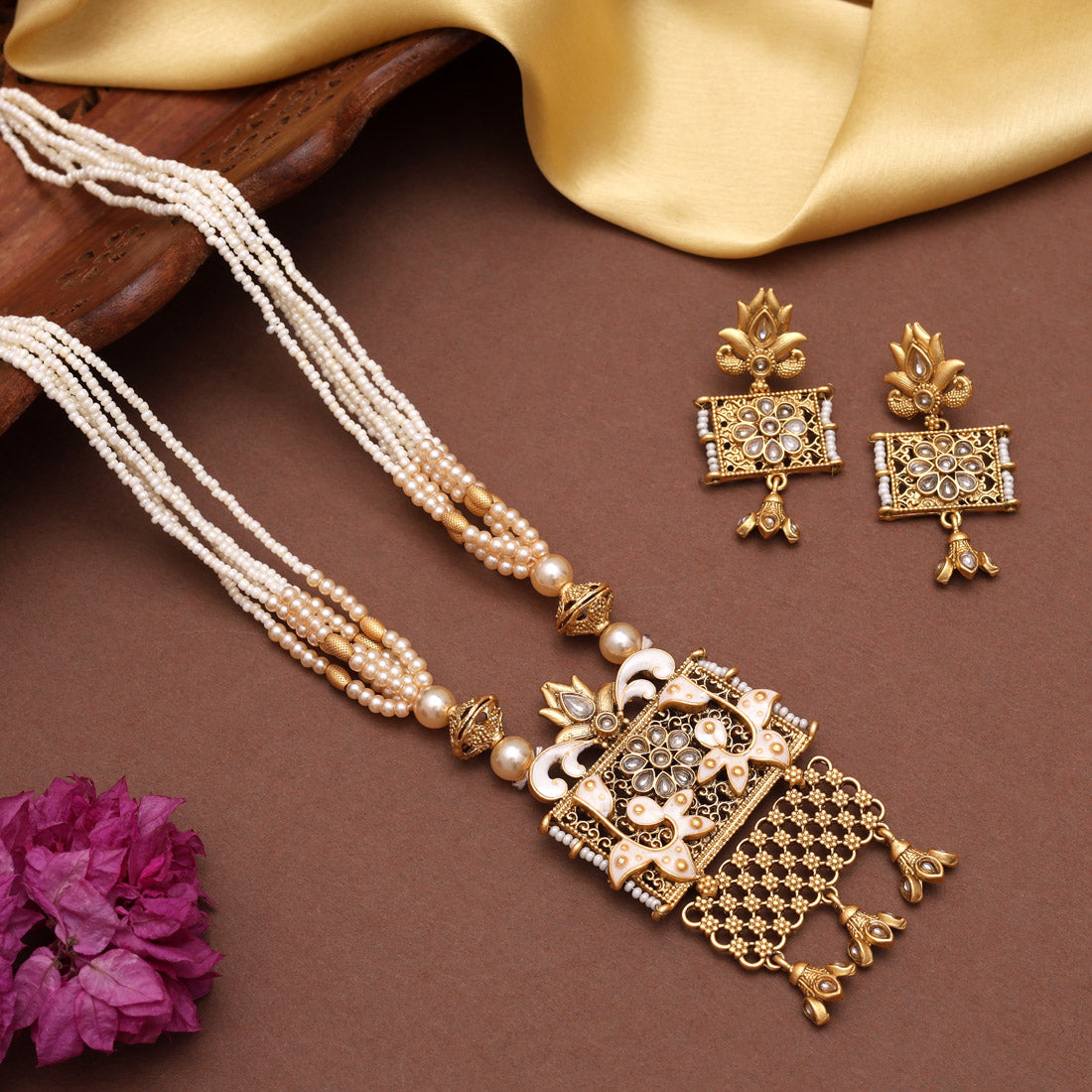 Gold Color Meena Work Matte Gold Rajwadi Temple Necklace Set (TPLN699GLD) Jewellery GetGlit