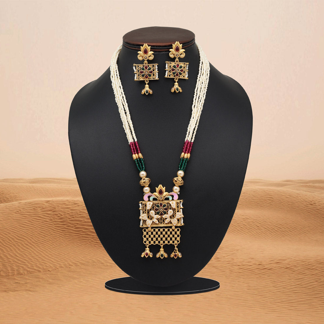 Rani & Green Color Meena Work Matte Gold Rajwadi Temple Necklace Set (TPLN699RNIGRN)