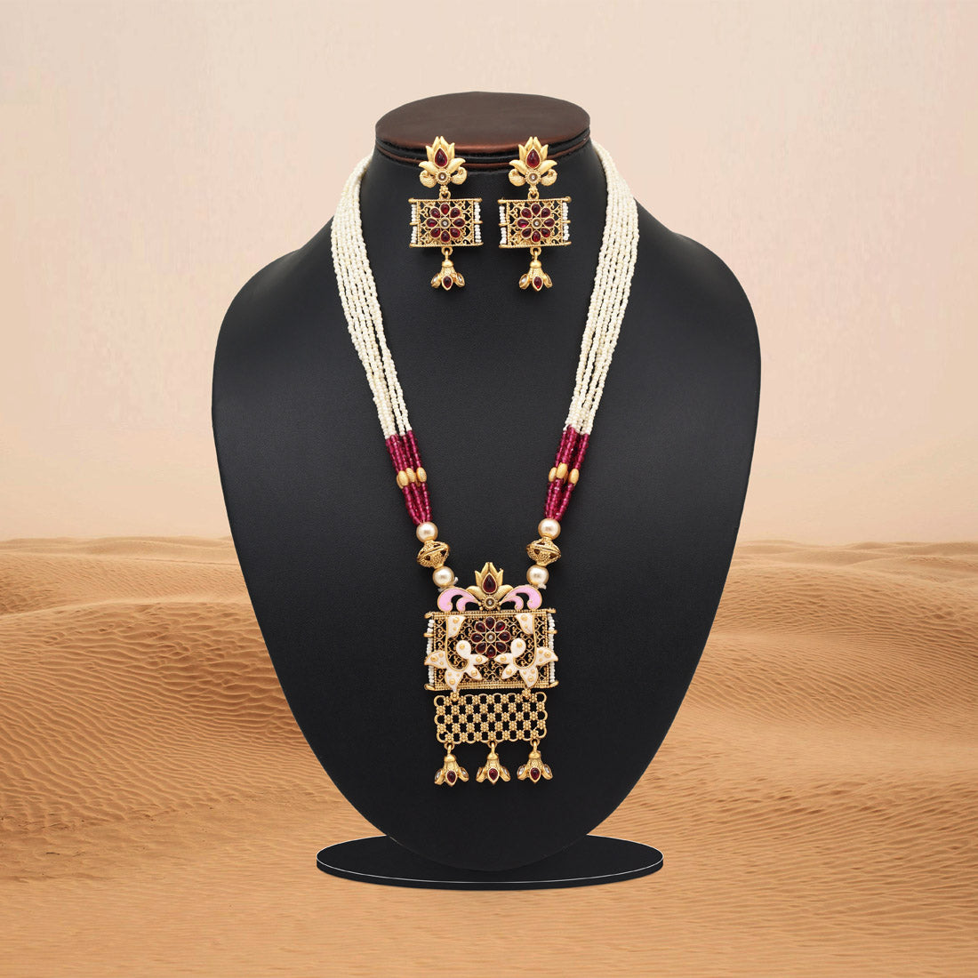 Rani Color Meena Work Matte Gold Rajwadi Temple Necklace Set (TPLN699RNI) Jewellery GetGlit