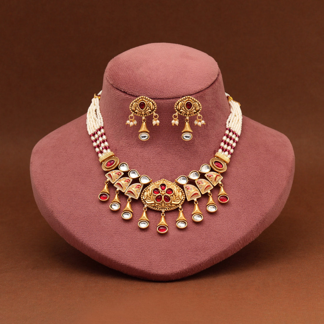 Rani Color Matte Gold Rajwadi Temple Necklace Set (TPLN701RNI) Jewellery GetGlit