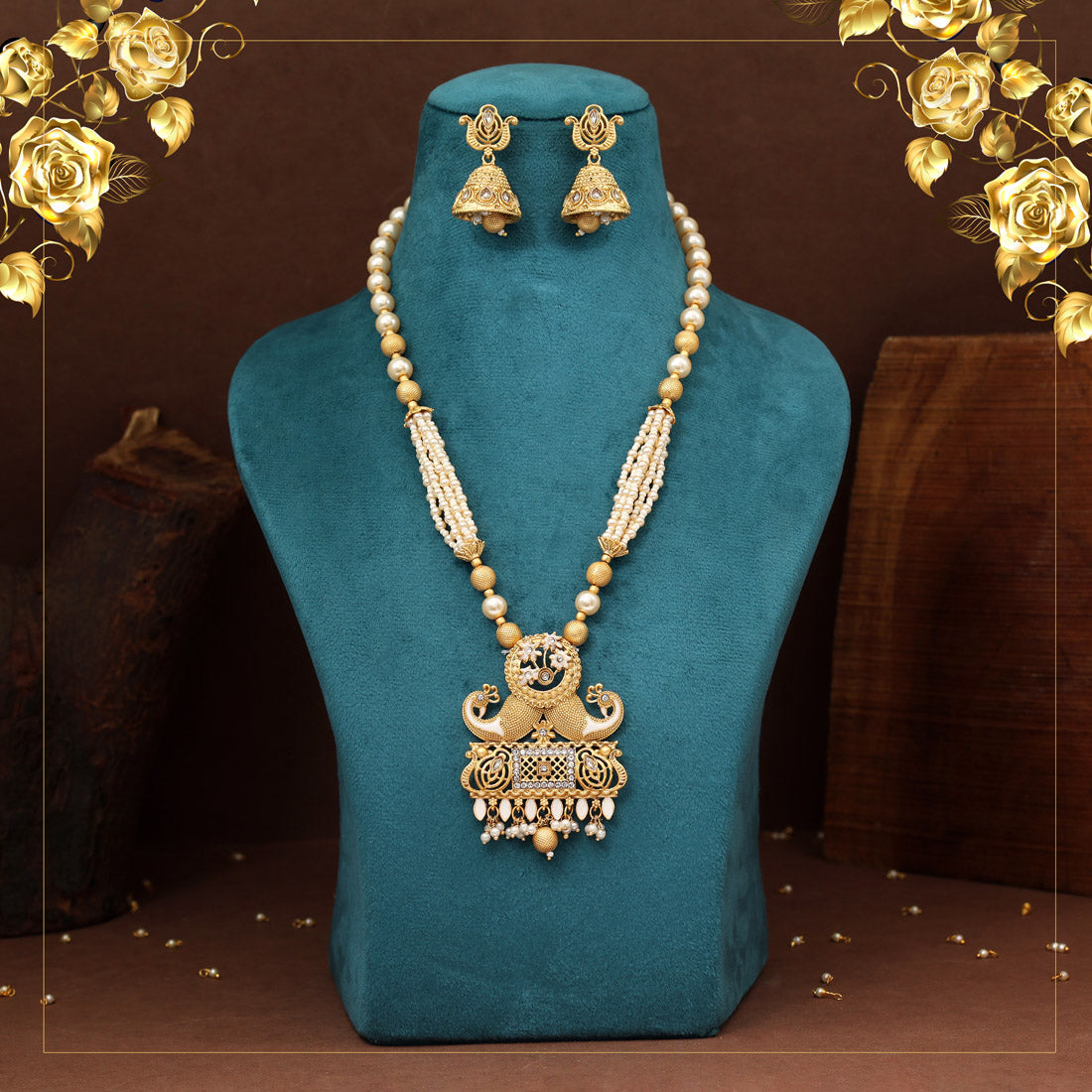 Gold Color Matte Gold Rajwadi Temple Necklace Set (TPLN702GLD) Jewellery GetGlit