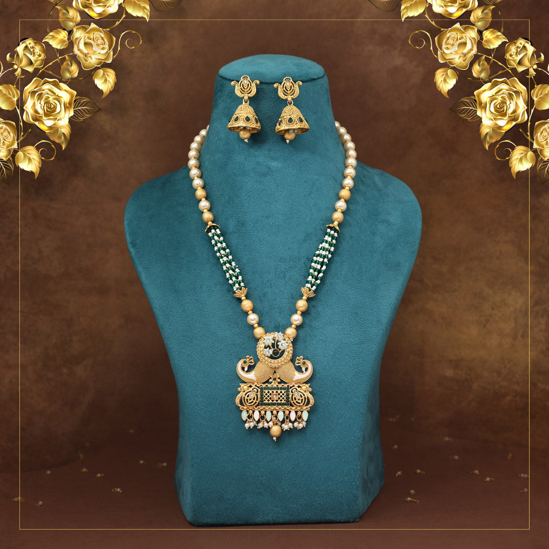 Green Color Matte Gold Rajwadi Temple Necklace Set (TPLN702GRN)