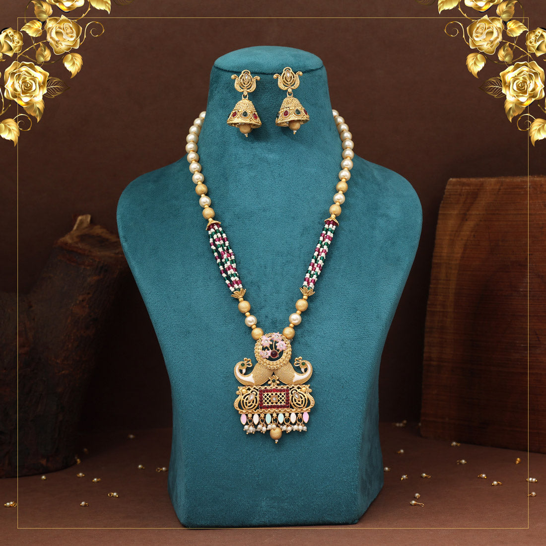 Rani & Green Color Matte Gold Rajwadi Temple Necklace Set (TPLN702RNIGRN)