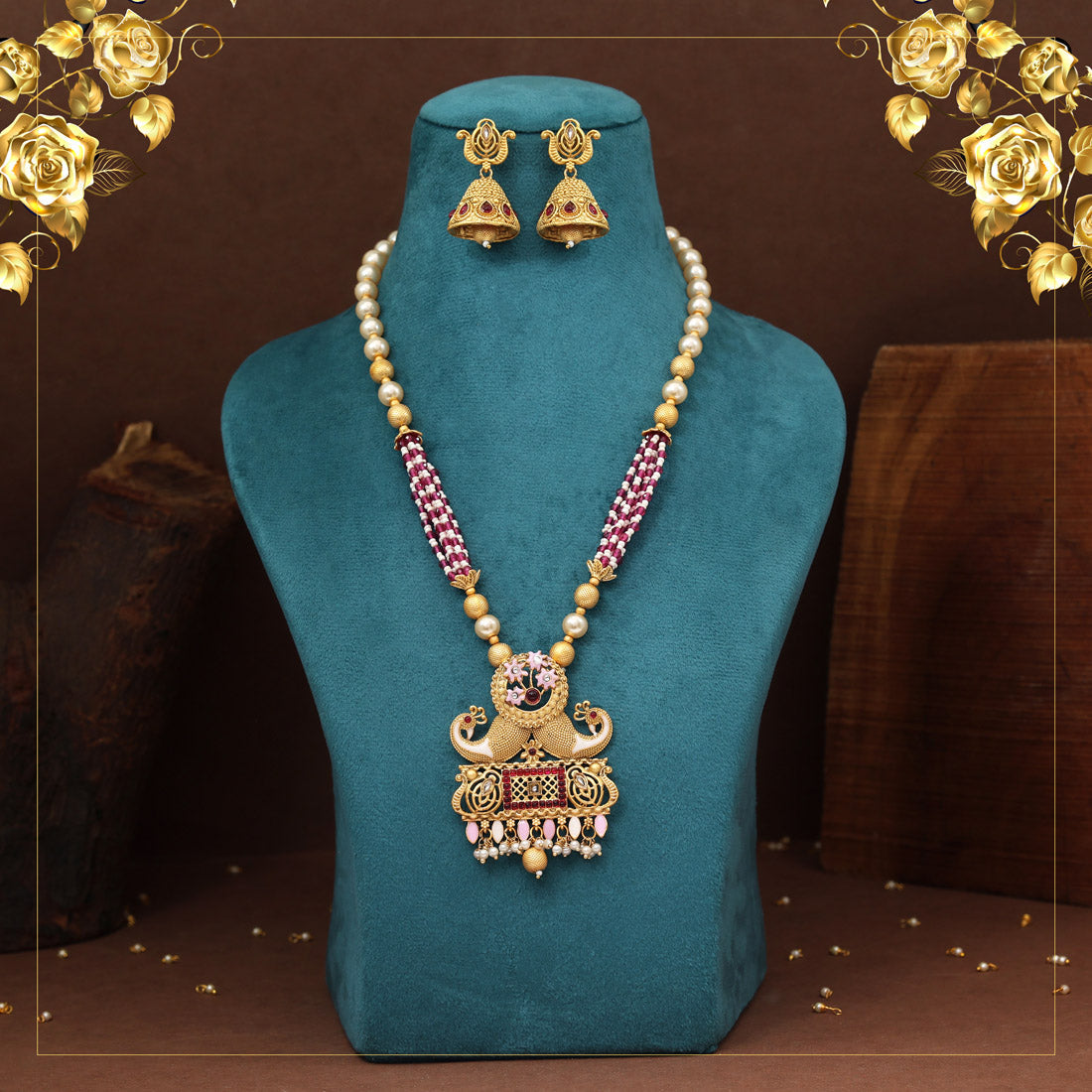 Rani Color Matte Gold Rajwadi Temple Necklace Set (TPLN702RNI) Jewellery GetGlit