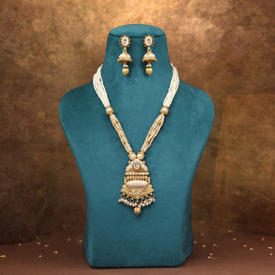 Gold Color Meena Work Matte Gold Rajwadi Temple Necklace Set (TPLN703GLD) Jewellery GetGlit