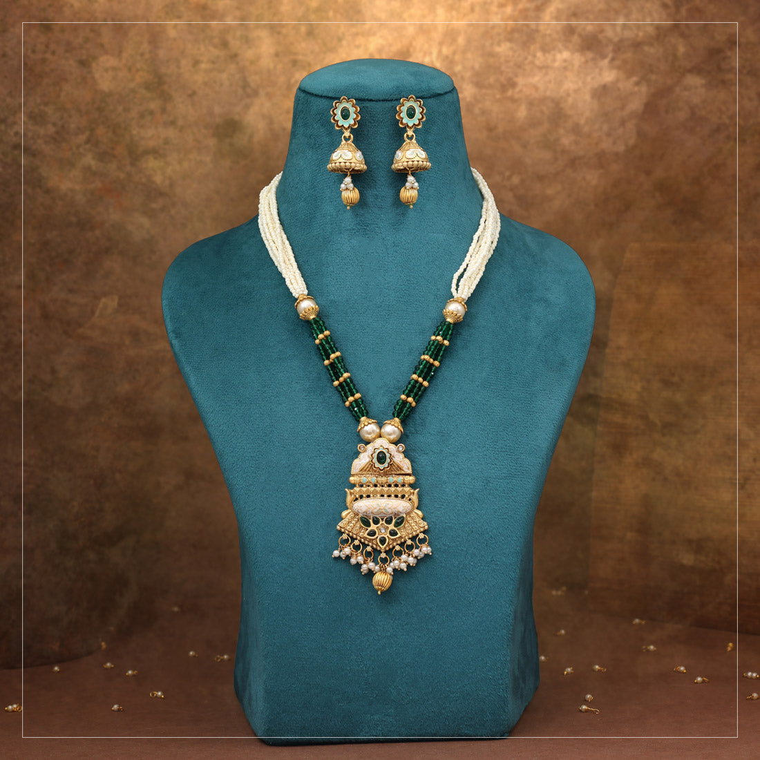 Green Color Meena Work Matte Gold Rajwadi Temple Necklace Set (TPLN703GRN) Jewellery GetGlit