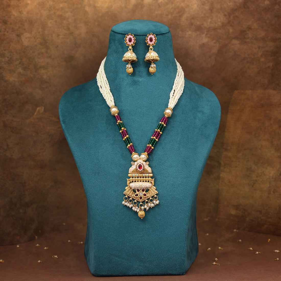 Rani & Green Color Meena Work Matte Gold Rajwadi Temple Necklace Set (TPLN703RNIGRN) Jewellery GetGlit