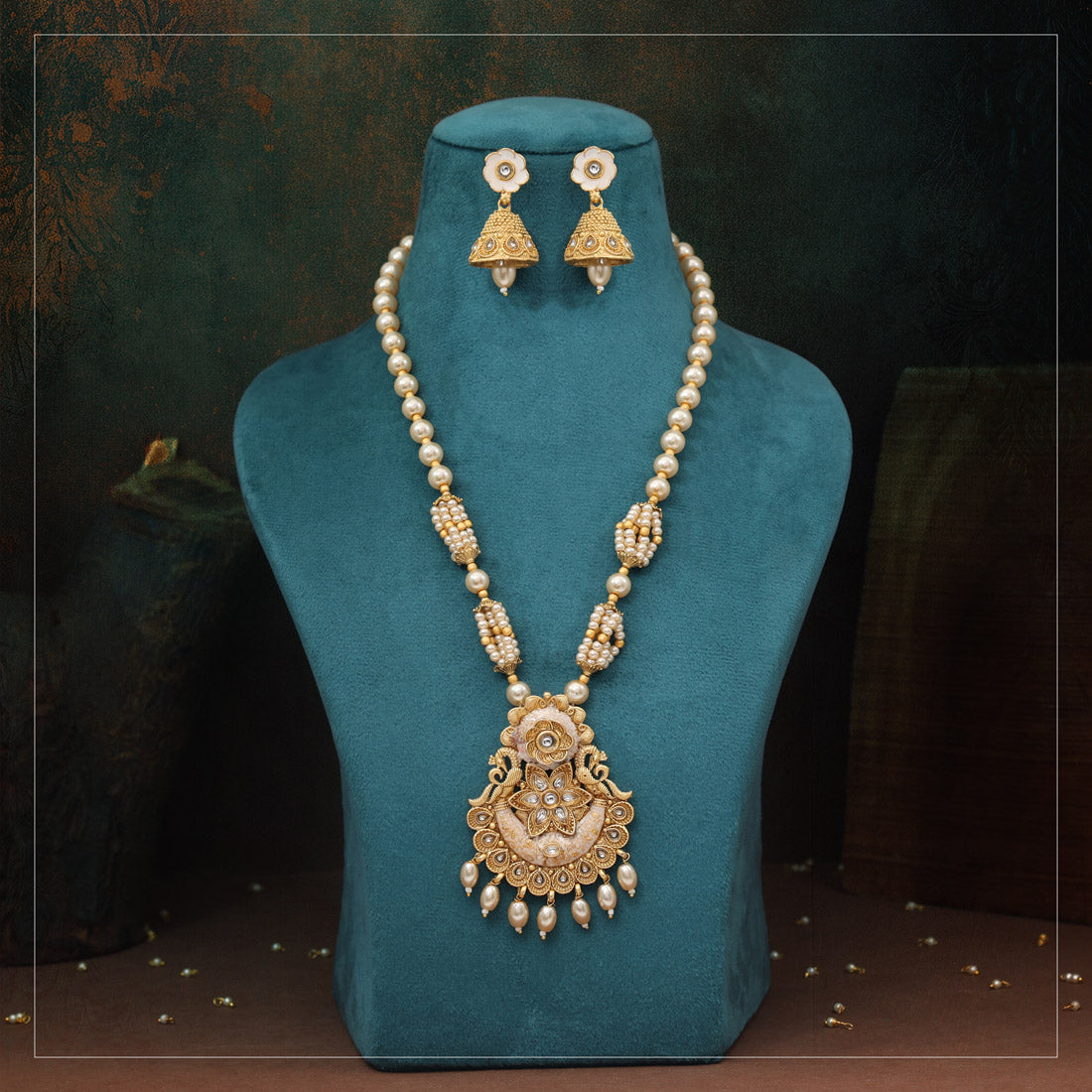 Gold Color Meena Work Matte Gold Rajwadi Temple Necklace Set (TPLN704GLD) Jewellery GetGlit