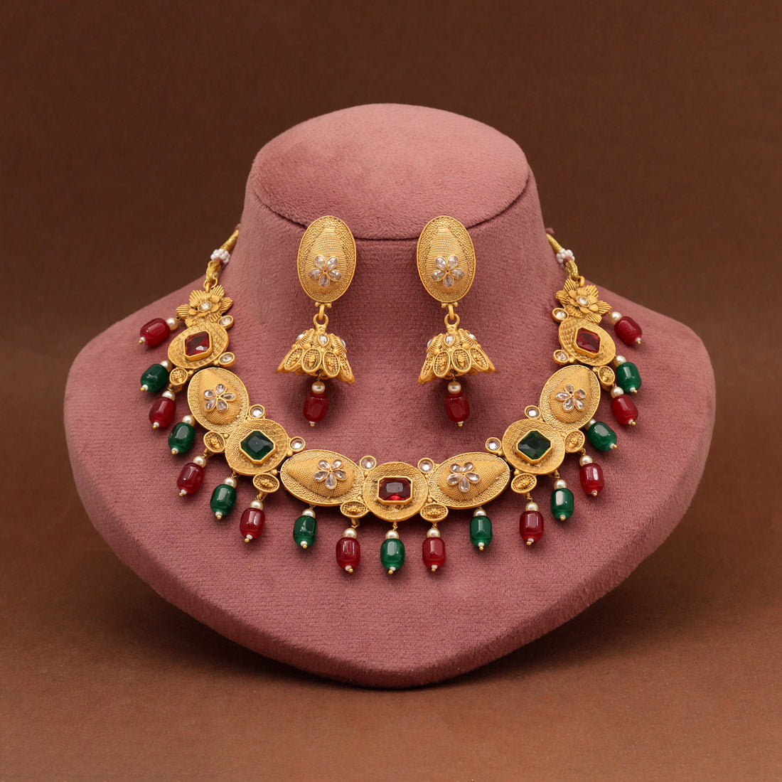 Maroon & Green Color Matte Gold Rajwadi Temple Necklace Set (TPLN705MG)