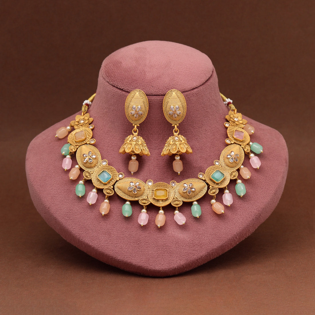 Multi Color Matte Gold Rajwadi Temple Necklace Set (TPLN705MLT) Jewellery GetGlit