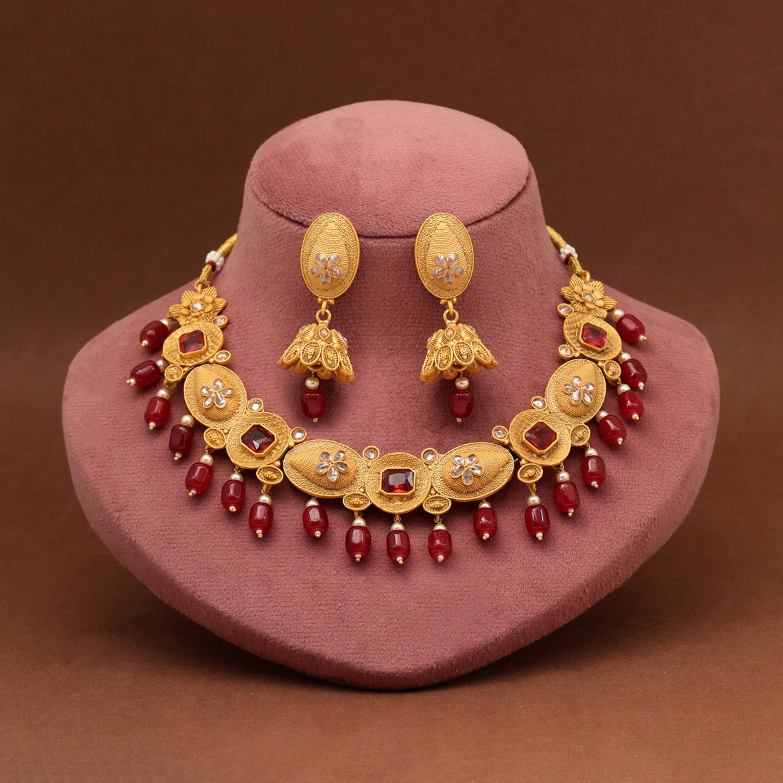 Maroon Color Matte Gold Rajwadi Temple Necklace Set (TPLN705MRN) Jewellery GetGlit