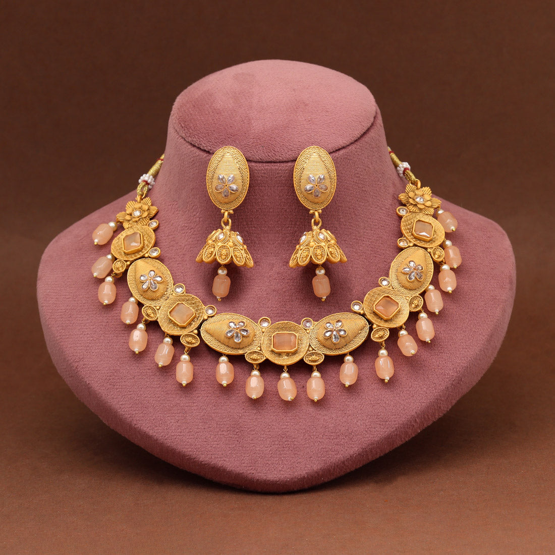 Peach Color Matte Gold Rajwadi Temple Necklace Set (TPLN705PCH)