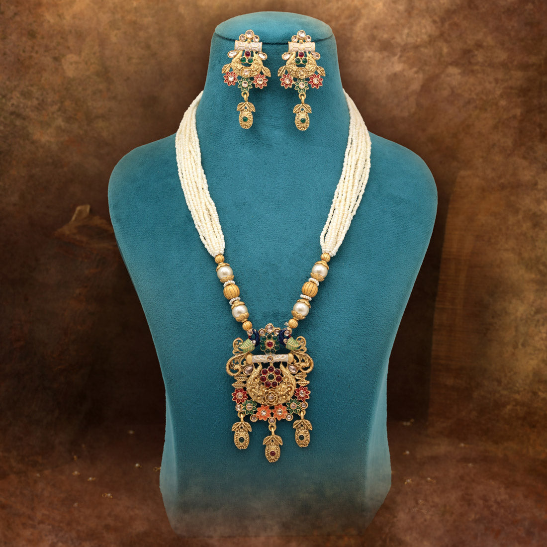 Multi Color Meena Work Matte Gold Rajwadi Temple Necklace Set (TPLN706MLT)