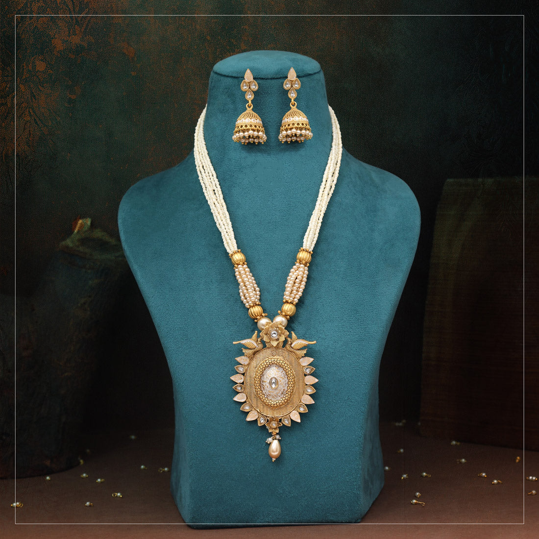 Gold Color Matte Gold Rajwadi Temple Necklace Set (TPLN708GLD) Jewellery GetGlit