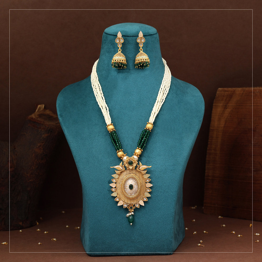 Green Color Matte Gold Rajwadi Temple Necklace Set (TPLN708GRN)