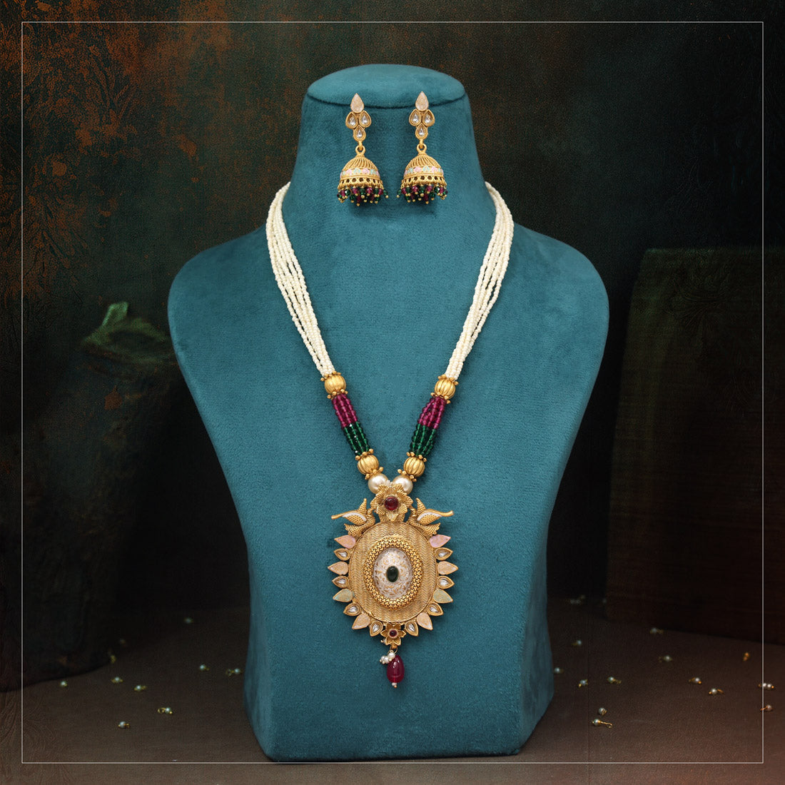 Rani & Green Color Matte Gold Rajwadi Temple Necklace Set (TPLN708RNIGRN) Jewellery GetGlit