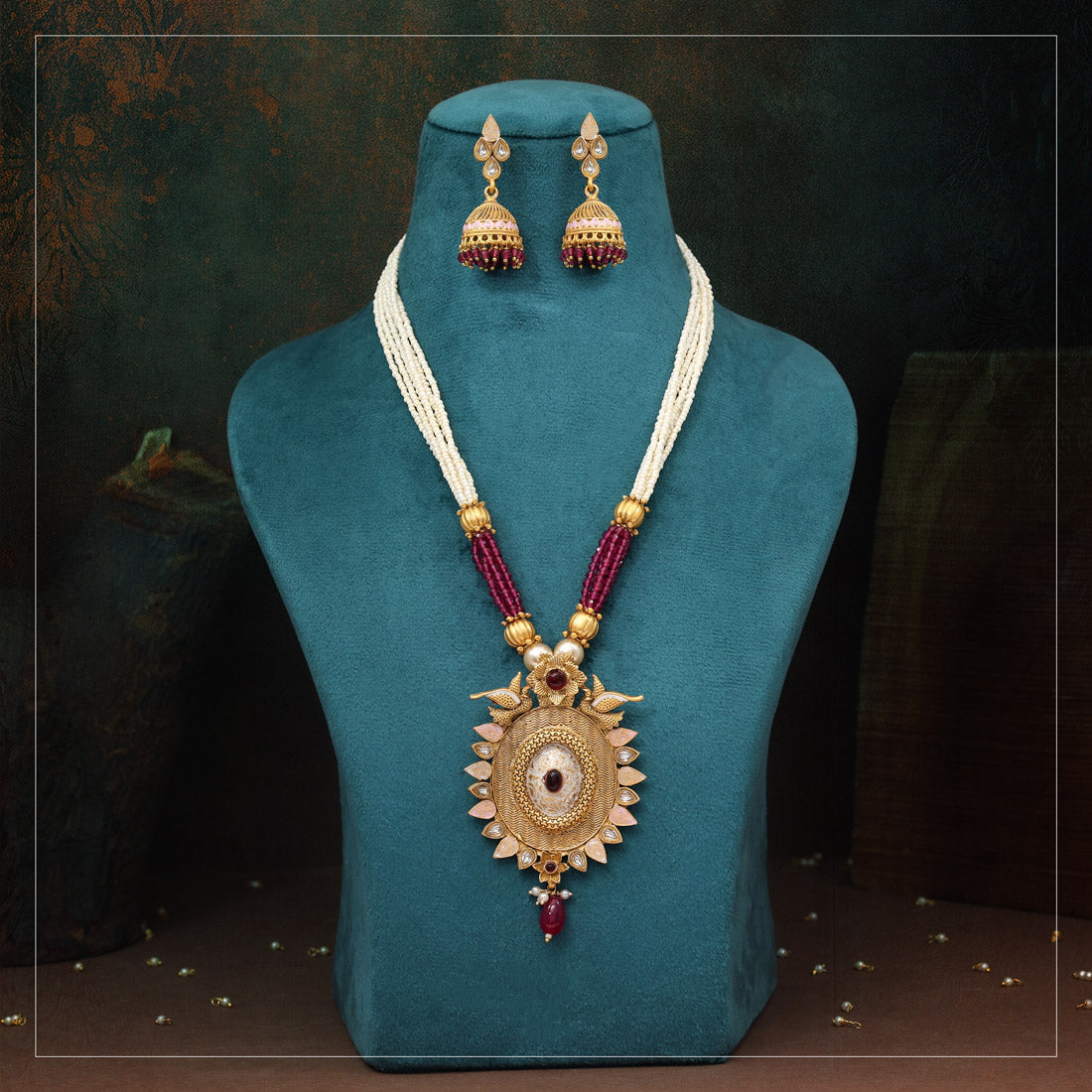 Rani Color Matte Gold Rajwadi Temple Necklace Set (TPLN708RNI)