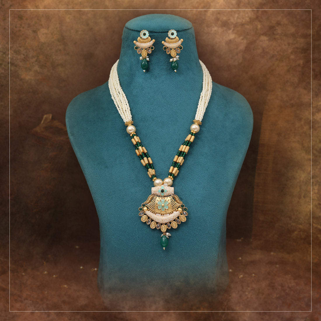 Green Color Meena Work Matte Gold Rajwadi Temple Necklace Set (TPLN709GRN) Jewellery GetGlit