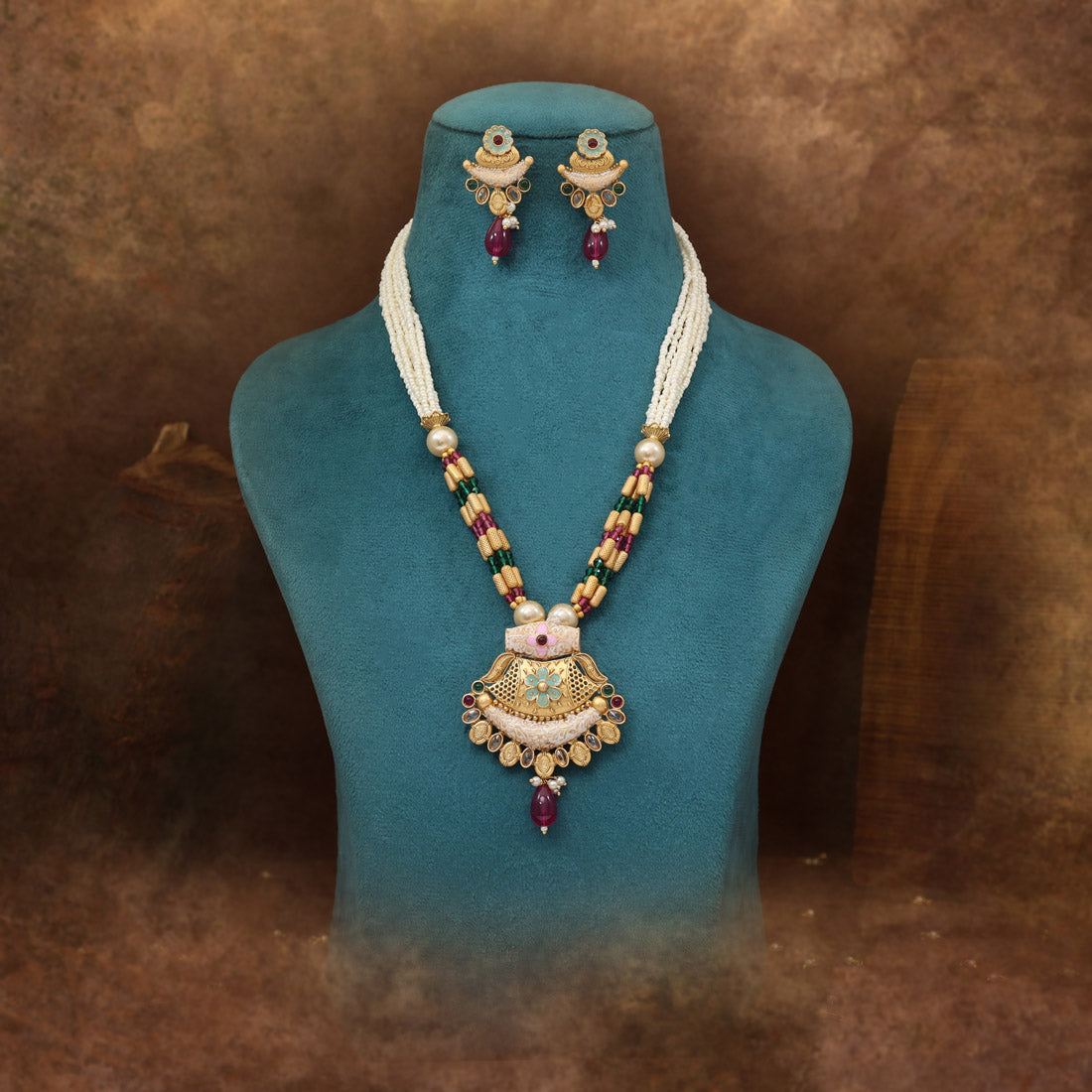 Rani & Green Color Meena Work Matte Gold Rajwadi Temple Necklace Set (TPLN709RNIGRN) Jewellery GetGlit