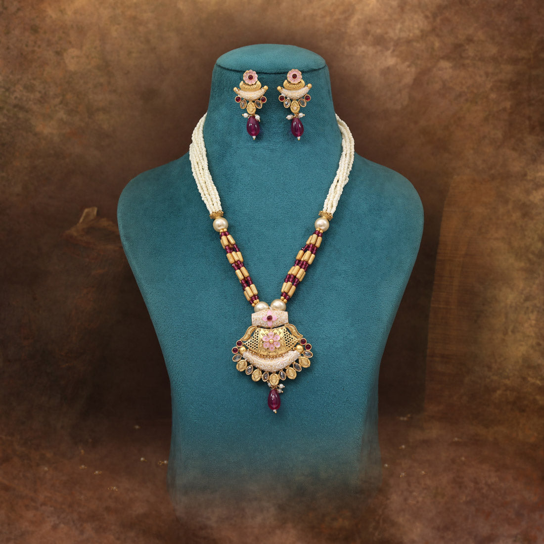 Rani Color Meena Work Matte Gold Rajwadi Temple Necklace Set (TPLN709RNI) Jewellery GetGlit