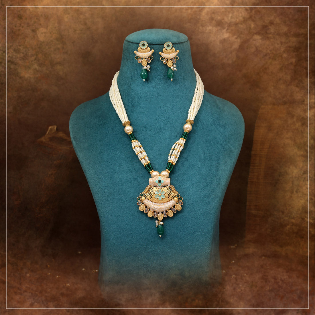 Green Color Meena Work Matte Gold Rajwadi Temple Necklace Set (TPLN710GRN) Jewellery GetGlit