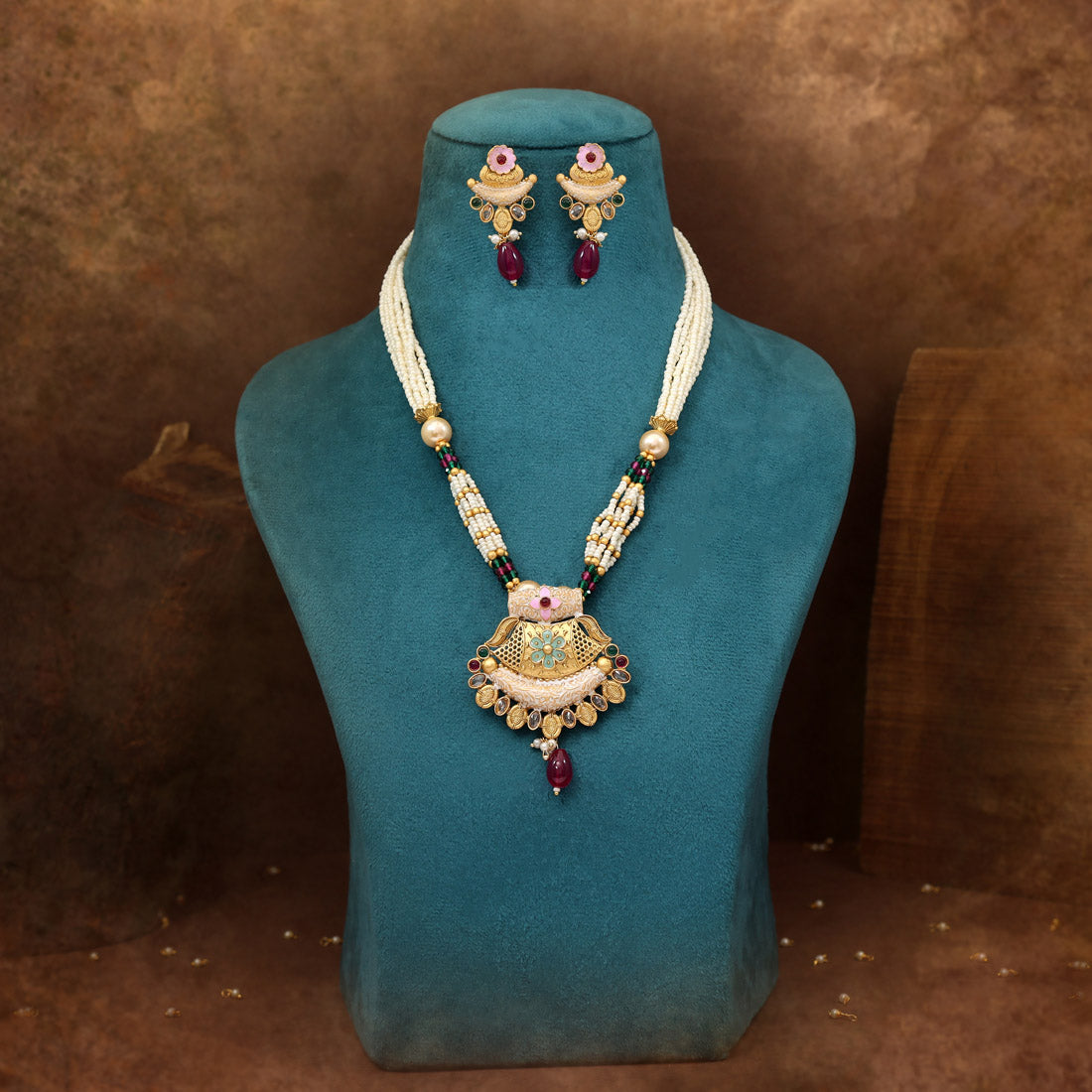 Rani & Green Color Meena Work Matte Gold Rajwadi Temple Necklace Set (TPLN710RNIGRN)